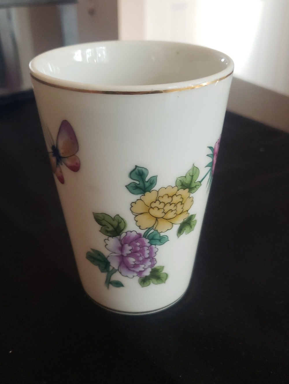 Vintage Tumbler Vase Royal Chrysanthemum Gold Trim Butterflies Hand Decorated 4"